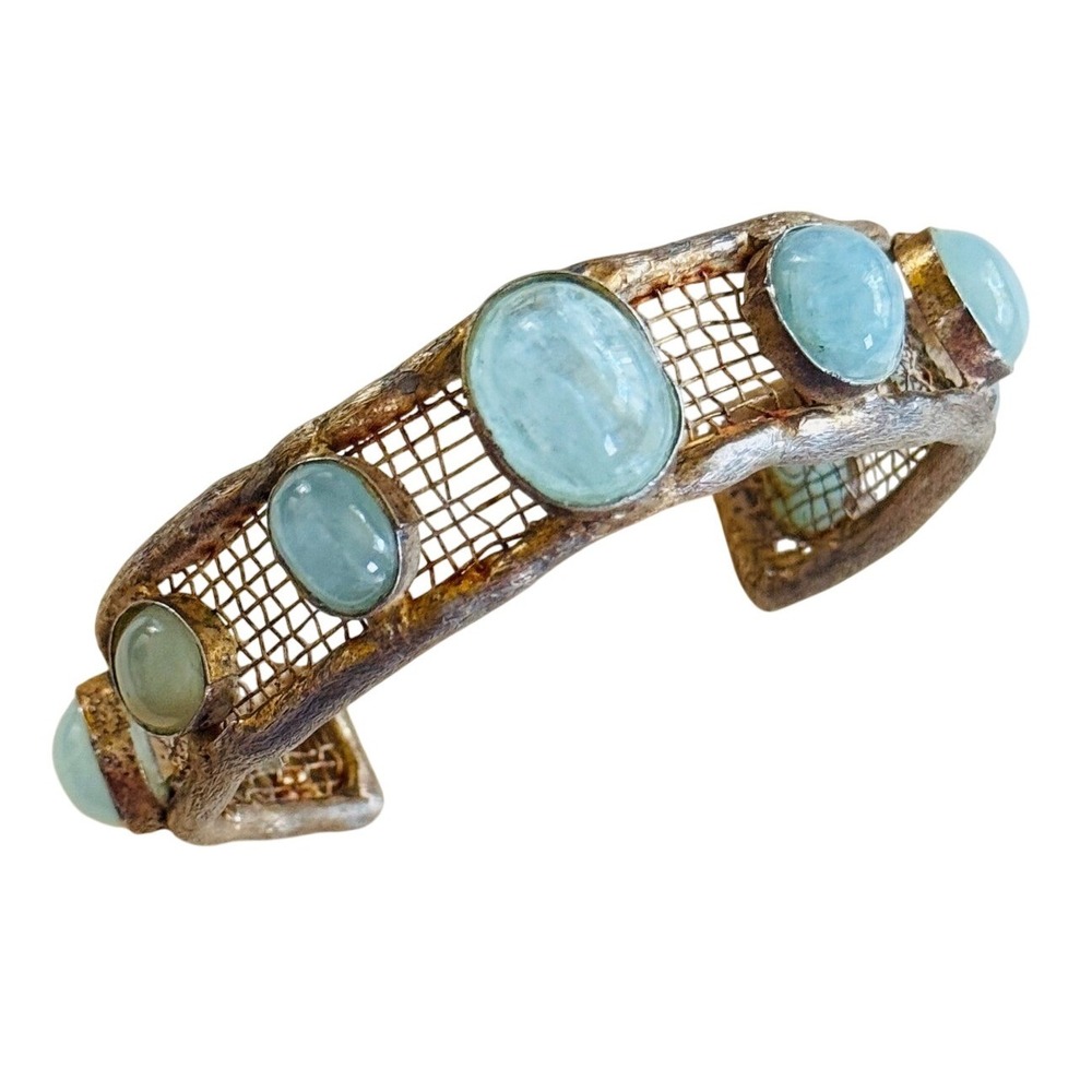 VTG‎ Aquamarine Cabochon Brass Cuff Bracelet Chunky Statement Mod Boho Textured